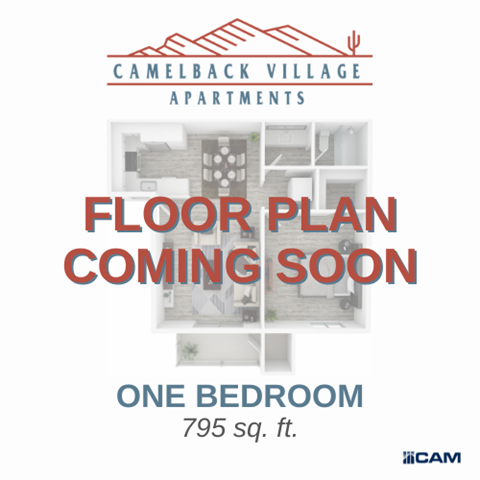 A poster advertising a floor plan for a one bedroom apartment at Camelback Village Apartments.